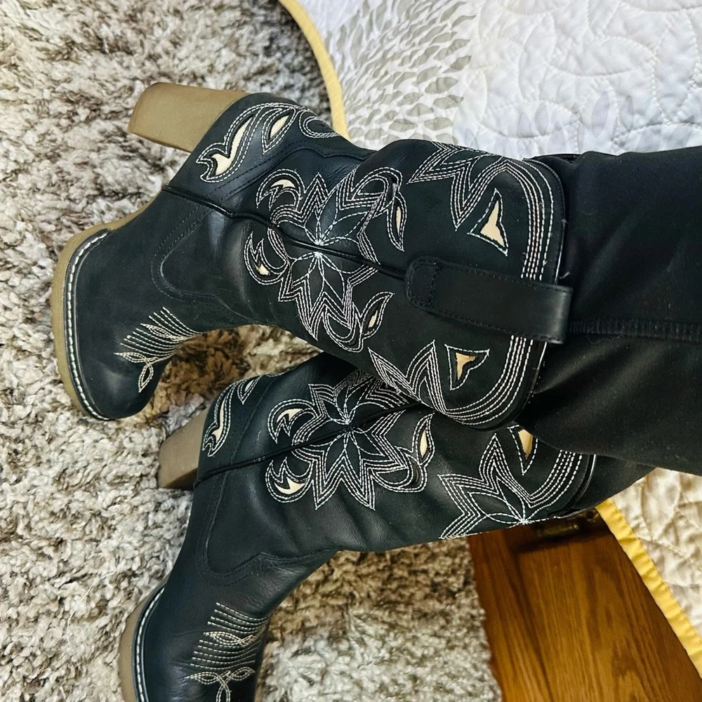 Roper Cowgirl Boots Women’s 6.5 Black Leather Heeled Western Embroidered - Picture 4 of 17